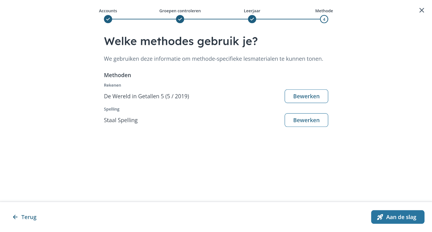 Step showing the chosen math and spelling methods, with a button to get started